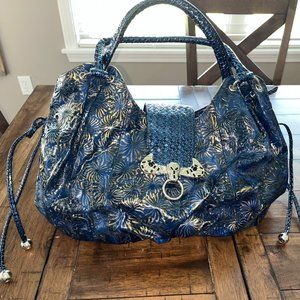 Oversized Purse - Blue and Gold design - Metal Bull Clasp Feature